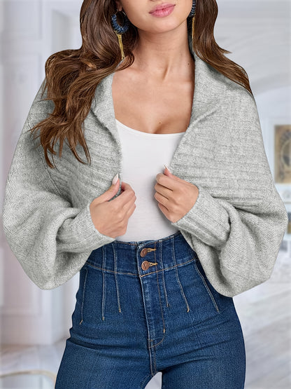 Womens Crop Long Lantern Sleeve Cardigan Sweaters Fashion Lapel Short Bolero Shrugs Casual Open Front Knit Top