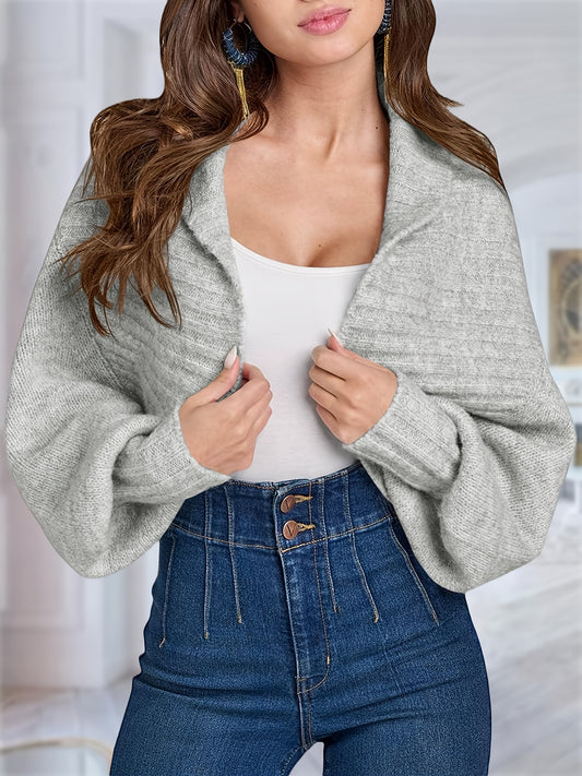 Womens Crop Long Lantern Sleeve Cardigan Sweaters Fashion Lapel Short Bolero Shrugs Casual Open Front Knit Top