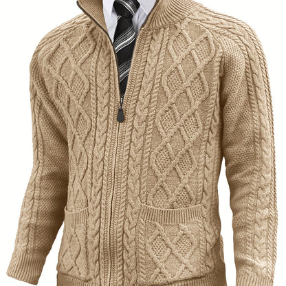 Men's Cardigan Sweaters Full Zip Up Sweater Solid Color Cable Knit Zipper Sweater Men Jackets