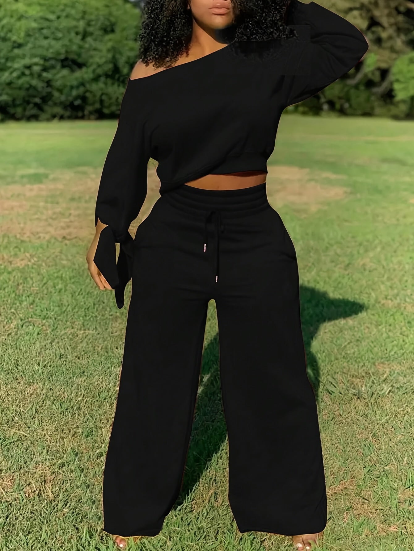 Women'S Solid Color Casual 2pcs Set, Women'S Spring And Autumn Casual Asymmetry, Drawstring, Pocket Three-quarter Length Sleeve Loose Black Bat Sleeve Sweatshirt Sweatpants Women'S Two-piece Outfit, Casual Everyday Wear