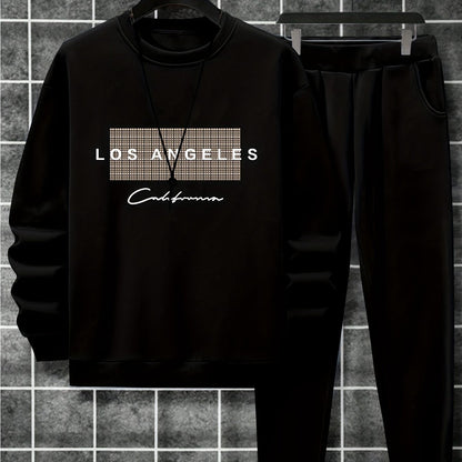 2-Piece Cozy Script Print Sweatshirt & Sweatpants Set - Soft, Trendy, and Comfy Outfits for Boys - Ideal for Fall, Winter, Daily Life, and Outdoor Activities in Los Angeles and California Style