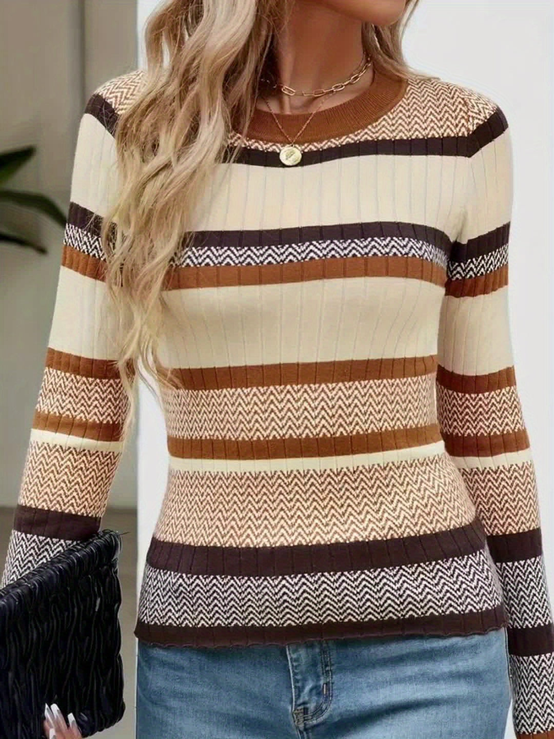 [Elegant Sweater] Elegant Striped Sweater | Women's Navy Blue Round Neck Long Sleeve, All-Season Machine Washable Top, Middle East Collection, Cute Sweaters, Cozy Winter Apparel, Sophisticated Casual Wear, Comfortable Fit