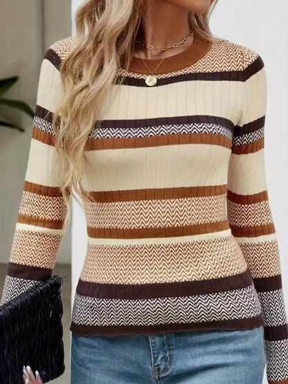 [Elegant Sweater] Elegant Striped Sweater | Women's Navy Blue Round Neck Long Sleeve, All-Season Machine Washable Top, Middle East Collection, Cute Sweaters, Cozy Winter Apparel, Sophisticated Casual Wear, Comfortable Fit