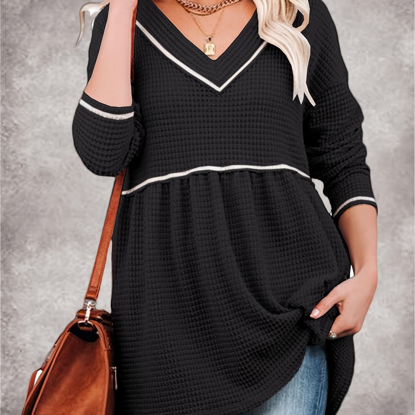 Womens V Neck Waffle Tunic Top Long Sleeve Peplum Pullover Babydoll Casual Flowy Swing Tshirts Pullover Sweaters
