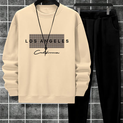 2-Piece Cozy Script Print Sweatshirt & Sweatpants Set - Soft, Trendy, and Comfy Outfits for Boys - Ideal for Fall, Winter, Daily Life, and Outdoor Activities in Los Angeles and California Style