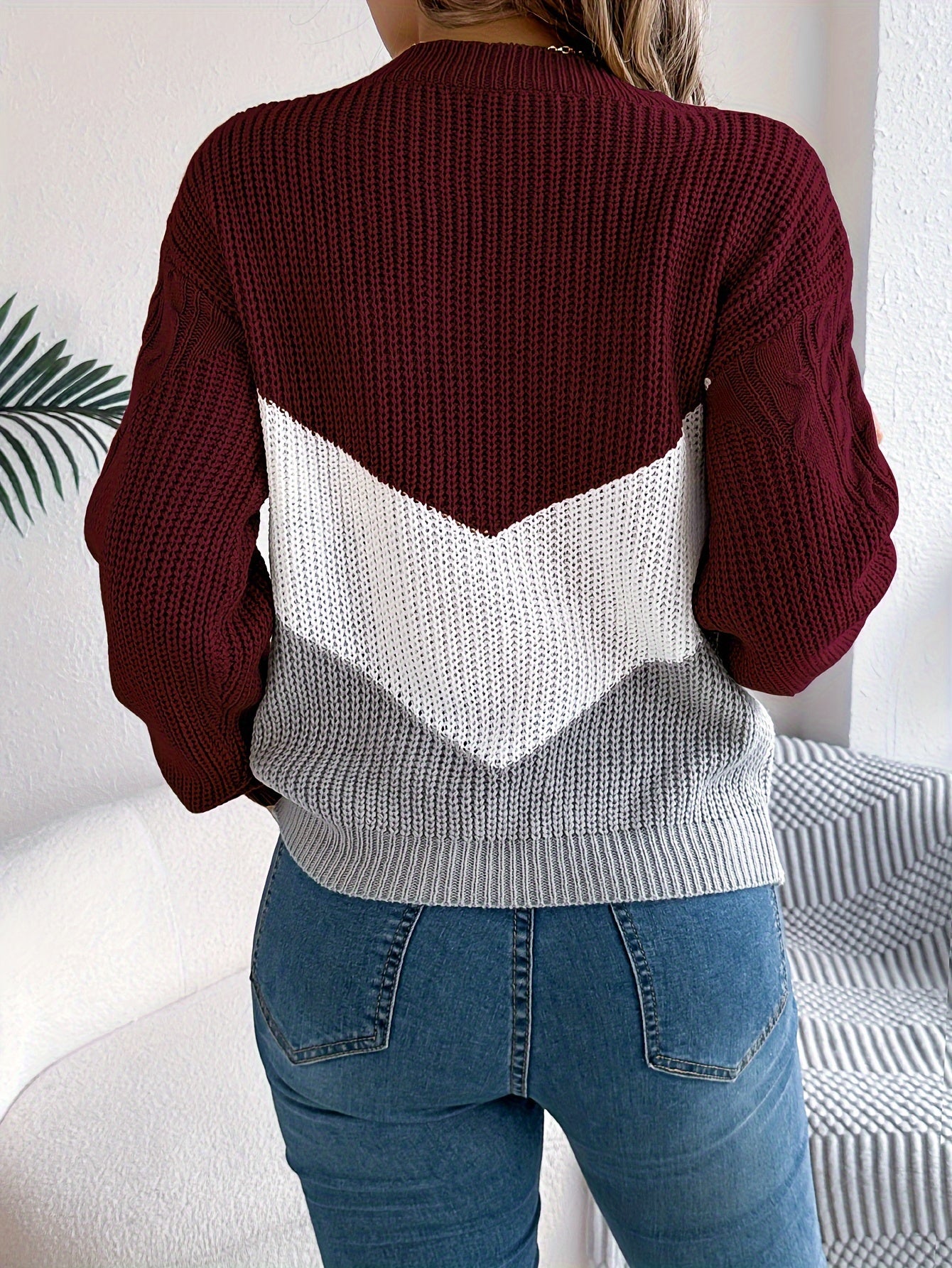 Burgundy & White Women's Elegant Color-Block Round Neck Long Sleeve Sweater - Soft Medium Stretch Pullover for Fall Winter, Hand Wash Only, Casual Chic Wardrobe Essential, Cute Sweaters, Winter Comfort Clothing, Comfortable F