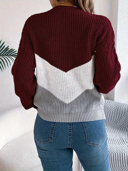 Burgundy & White Women's Elegant Color-Block Round Neck Long Sleeve Sweater - Soft Medium Stretch Pullover for Fall Winter, Hand Wash Only, Casual Chic Wardrobe Essential, Cute Sweaters, Winter Comfort Clothing, Comfortable F