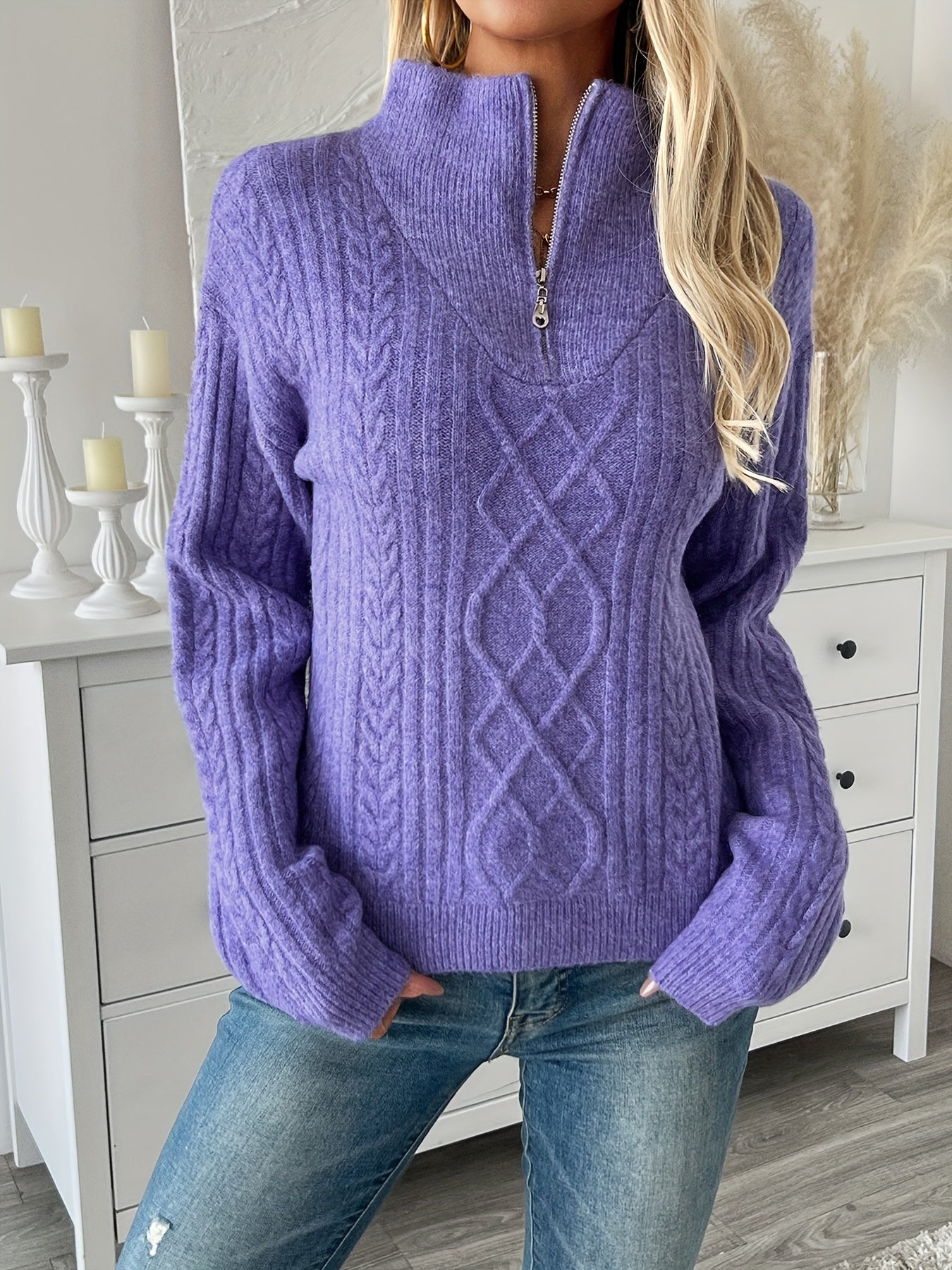 Women's Stylish Purple Cable Knit Sweater with Half-Zip Detail - Soft Ribbed Collar, Long Sleeve, Warm & Cozy for Fall/Winter Casual Outfits, Casual Winter Wear | Textured Neckline | Acrylic Fabric, Cute Sweaters
