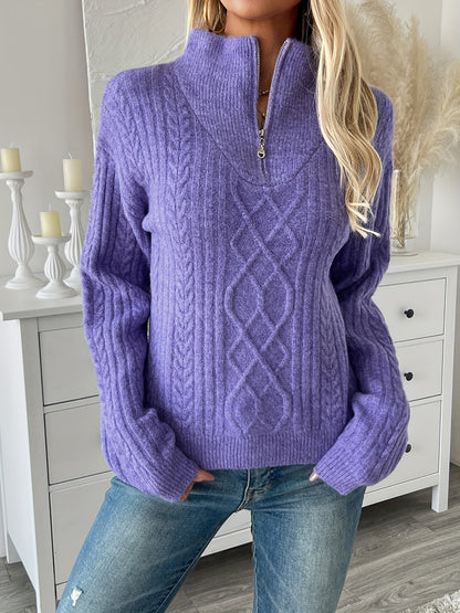 Women's Stylish Purple Cable Knit Sweater with Half-Zip Detail - Soft Ribbed Collar, Long Sleeve, Warm & Cozy for Fall/Winter Casual Outfits, Casual Winter Wear | Textured Neckline | Acrylic Fabric, Cute Sweaters