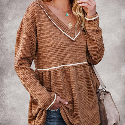 Womens V Neck Waffle Tunic Top Long Sleeve Peplum Pullover Babydoll Casual Flowy Swing Tshirts Pullover Sweaters