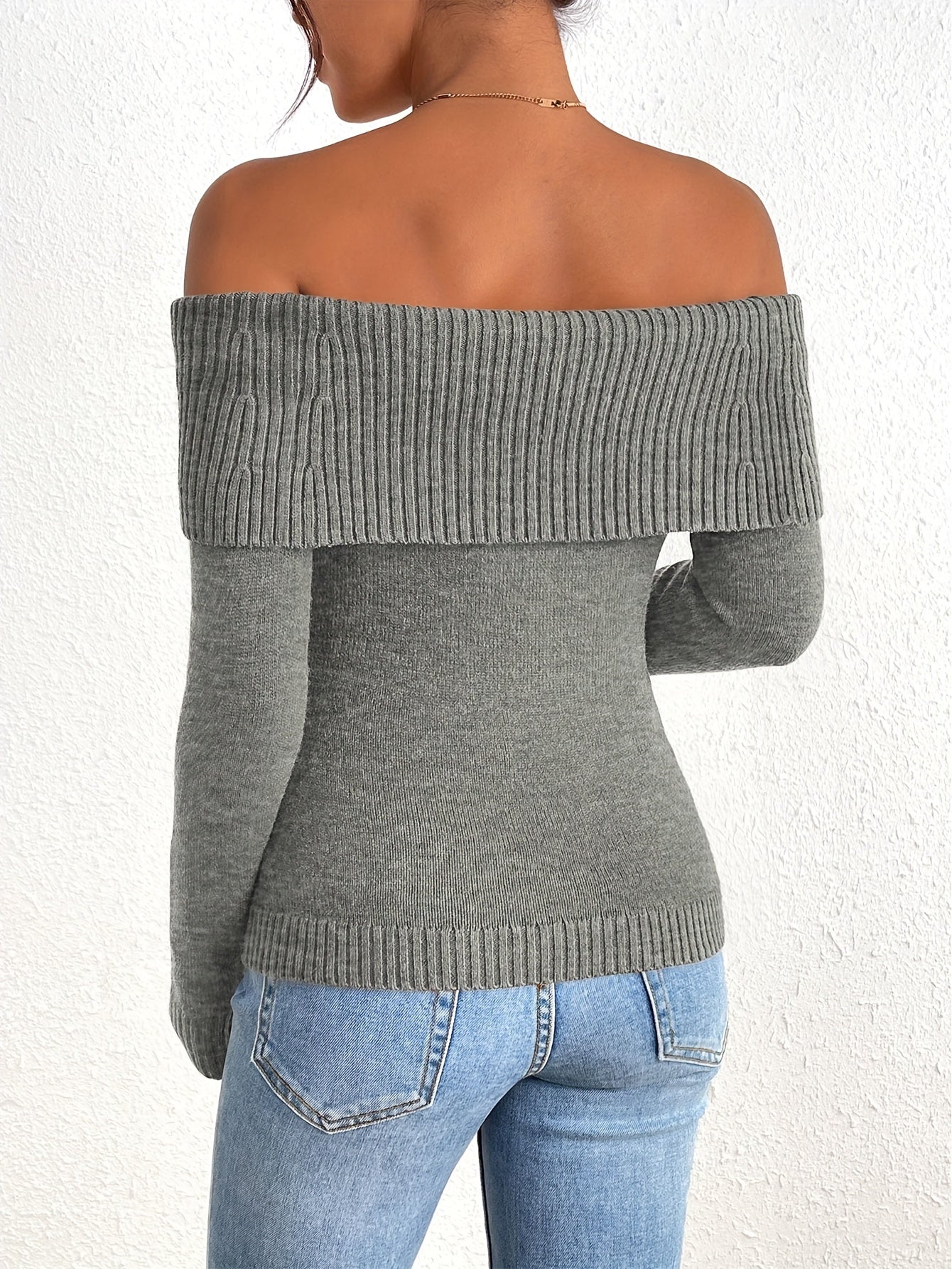 Long Sleeve Y2K Off Shoulder Ribbed Knit Fitted Pullover Women's Fall Sweaters Tops Blouse