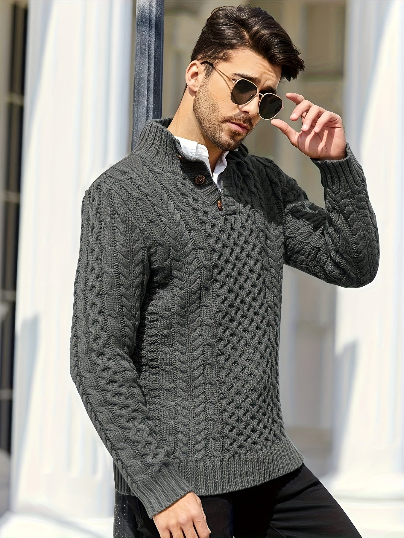 Chunky Stand Collar Pullover Sweater - Men's Winter Fashion Cable Knitted Thermal Sweaters with Buttons and Twisted Design - Cozy and Warm for Cold Weather