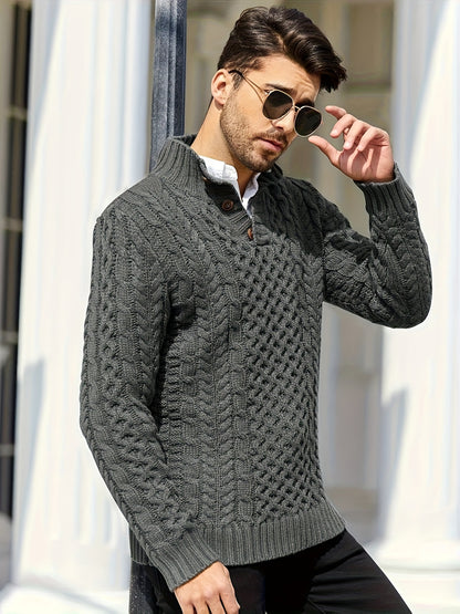 Chunky Stand Collar Pullover Sweater - Men's Winter Fashion Cable Knitted Thermal Sweaters with Buttons and Twisted Design - Cozy and Warm for Cold Weather