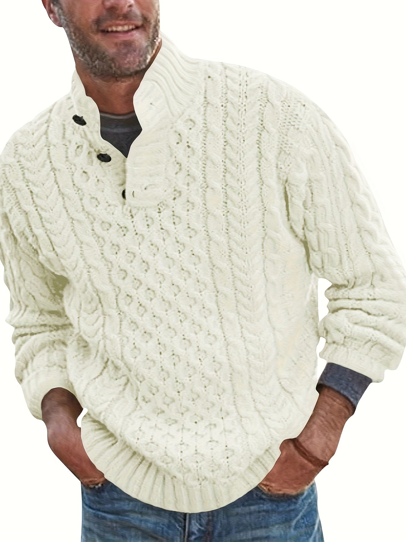 Chunky Stand Collar Pullover Sweater - Men's Winter Fashion Cable Knitted Thermal Sweaters with Buttons and Twisted Design - Cozy and Warm for Cold Weather
