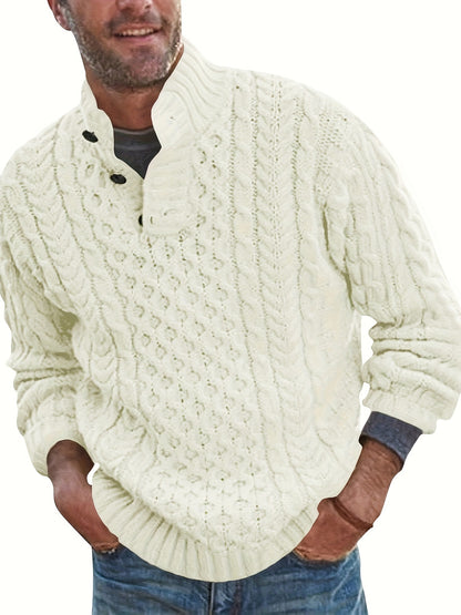 Chunky Stand Collar Pullover Sweater - Men's Winter Fashion Cable Knitted Thermal Sweaters with Buttons and Twisted Design - Cozy and Warm for Cold Weather