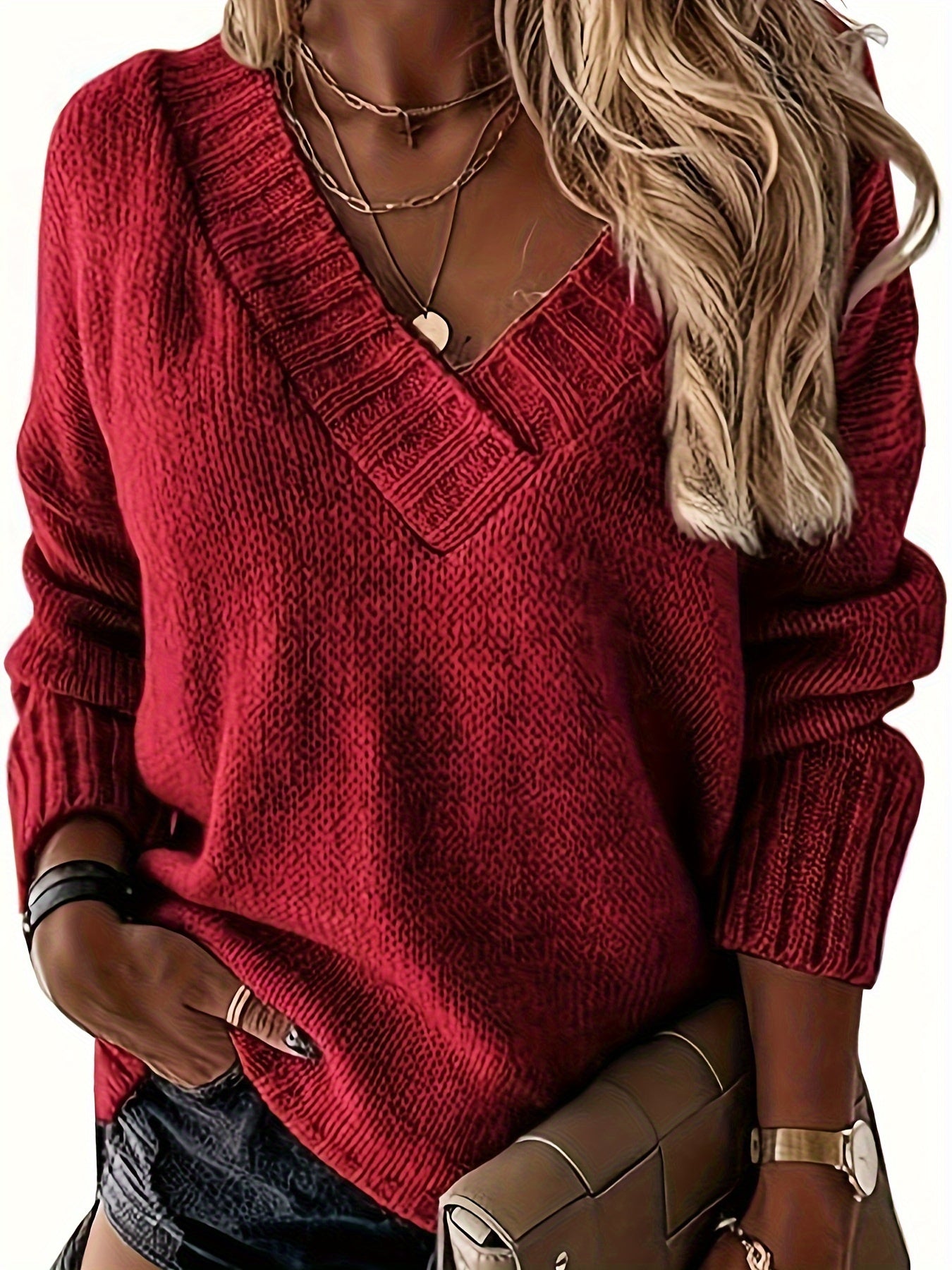 Womens Loose Sweaters - Sexy V Neck Long Sleeve Solid Knitted Jumper Pullover Sweatshirt Tops - Soft & Comfortable Knitted Fabric - For Casual & Chic Outfits - Perfect Gift for Women