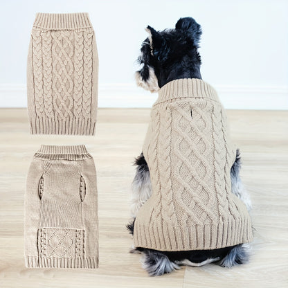 Dog Sweaters For Small Puppy Turtleneck, Doggie Cable Knit Pet Sweater With Classic Pattern For Cold Weather, Khaki Color