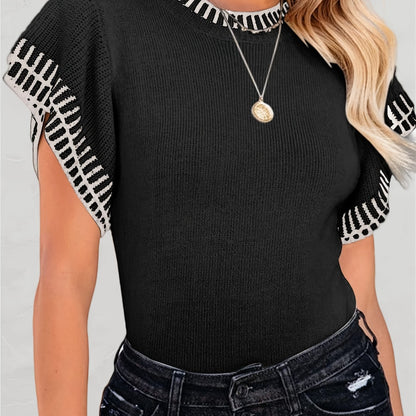 Womens Short Sleeve Sweaters Tops Summer Ruffle Striped Loose Crew Neck Lightweight Soft Shirts Knit Sweater