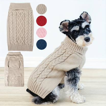 Dog Sweaters For Small Puppy Turtleneck, Doggie Cable Knit Pet Sweater With Classic Pattern For Cold Weather, Khaki Color