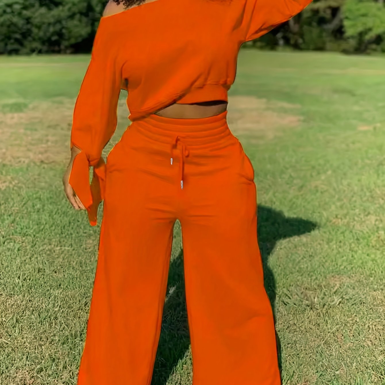 Women'S Solid Color Casual 2pcs Set, Women'S Spring And Autumn Casual Asymmetry, Drawstring, Pocket Three-quarter Length Sleeve Loose Black Bat Sleeve Sweatshirt Sweatpants Women'S Two-piece Outfit, Casual Everyday Wear