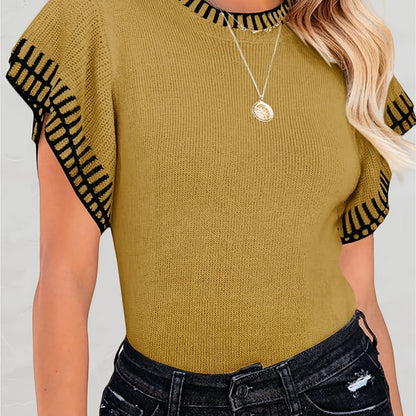 Womens Short Sleeve Sweaters Tops Summer Ruffle Striped Loose Crew Neck Lightweight Soft Shirts Knit Sweater