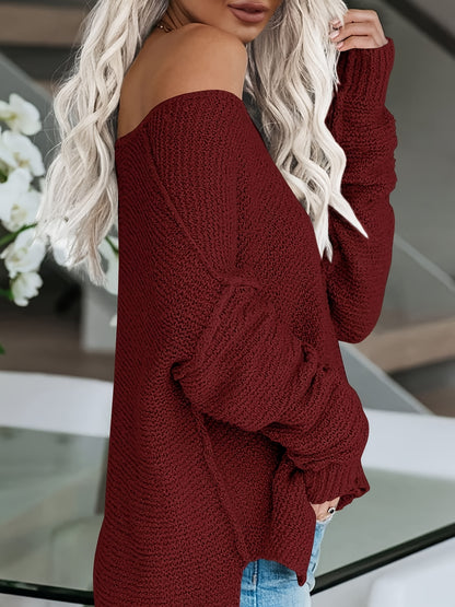 Women's Off Shoulder Knit Sweaters Oversized V Neck Long Sleeve Loose Lightweight Pullover Tops
