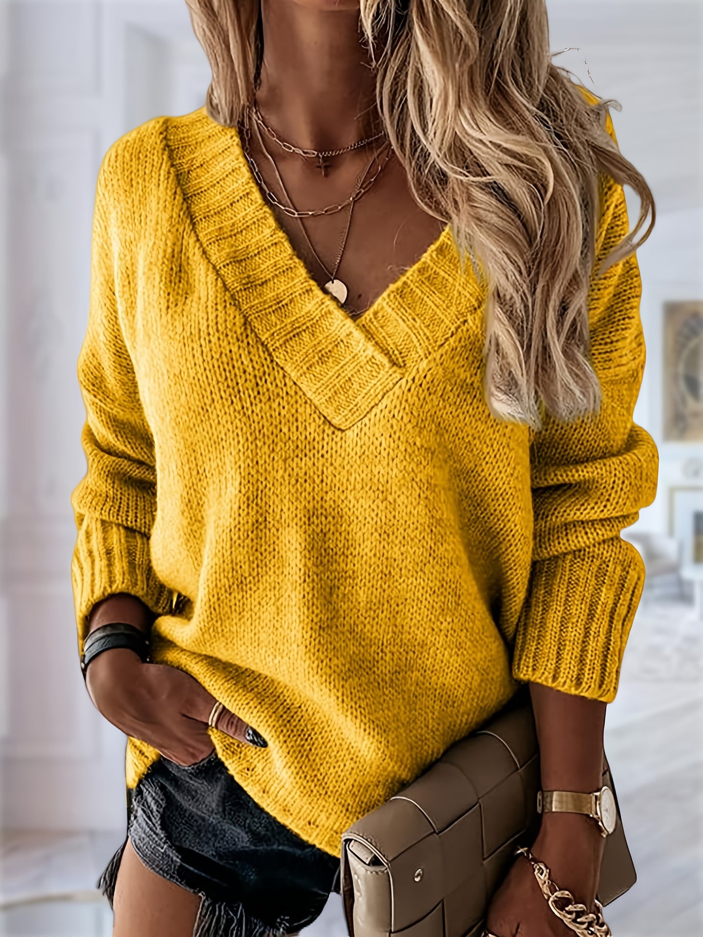 Womens Loose Sweaters Sexy V Neck Long Sleeve Solid Knitted Jumper Pullover Sweatshirt Tops