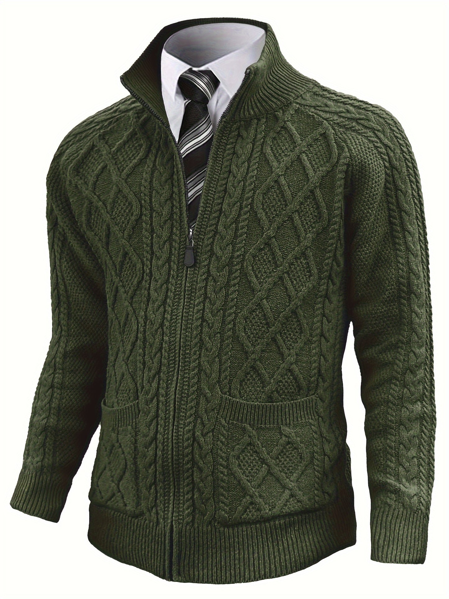 Men's Cardigan Sweaters Full Zip Up Sweater Solid Color Cable Knit Zipper Sweater Men Jackets
