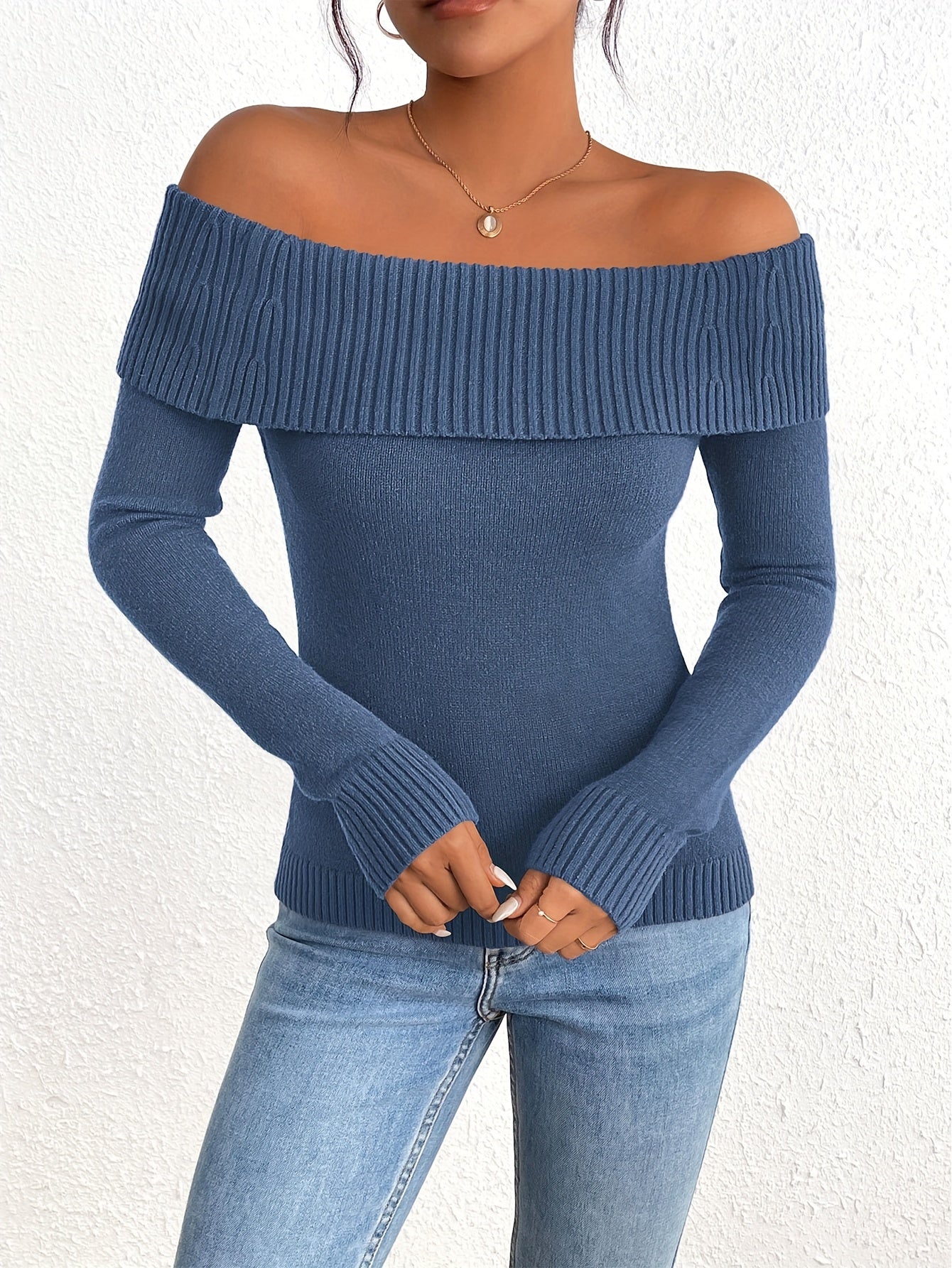 Long Sleeve Y2K Off Shoulder Ribbed Knit Fitted Pullover Women's Fall Sweaters Tops Blouse