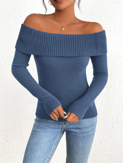 Long Sleeve Y2K Off Shoulder Ribbed Knit Fitted Pullover Women's Fall Sweaters Tops Blouse