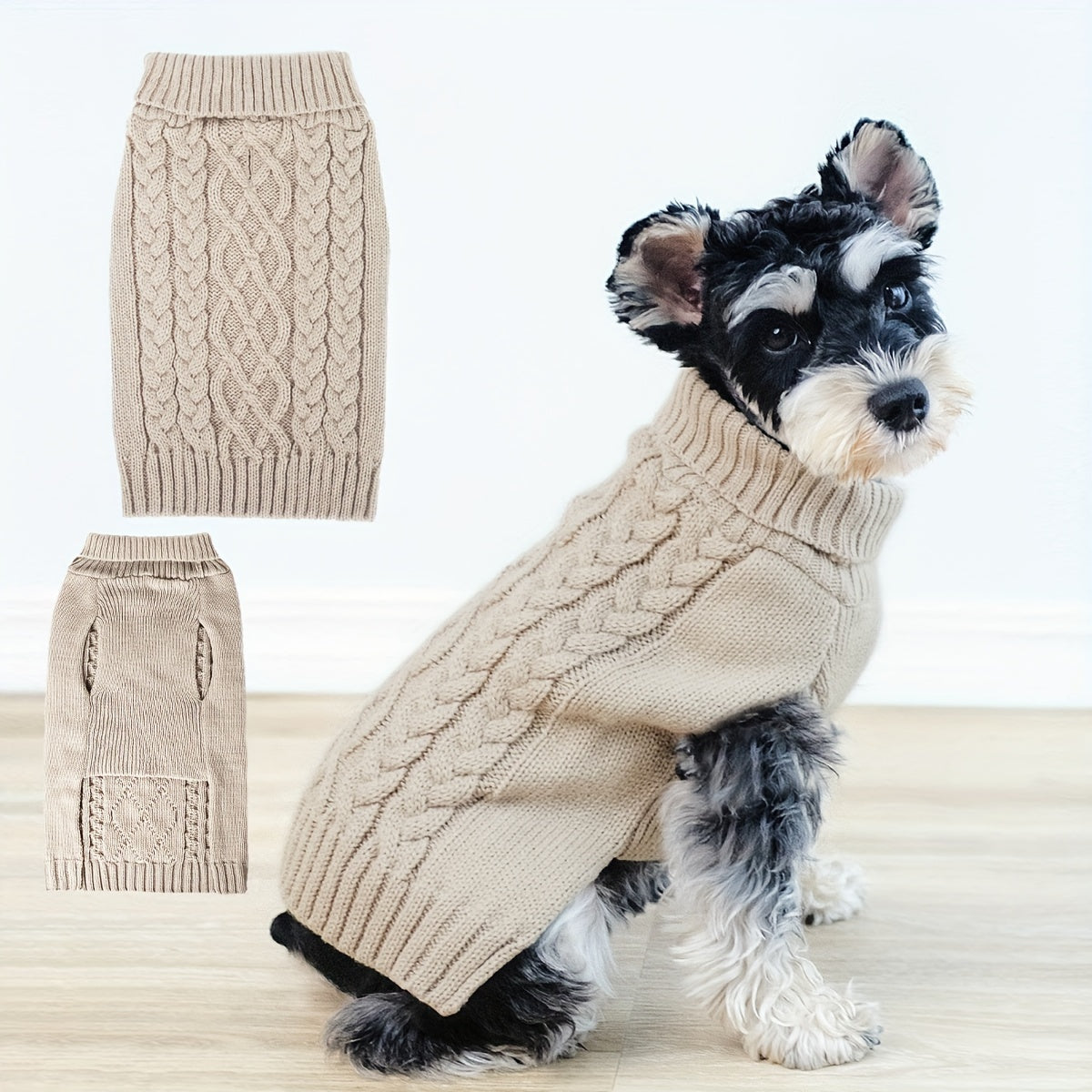 Dog Sweaters For Small Puppy Turtleneck, Doggie Cable Knit Pet Sweater With Classic Pattern For Cold Weather, Khaki Color