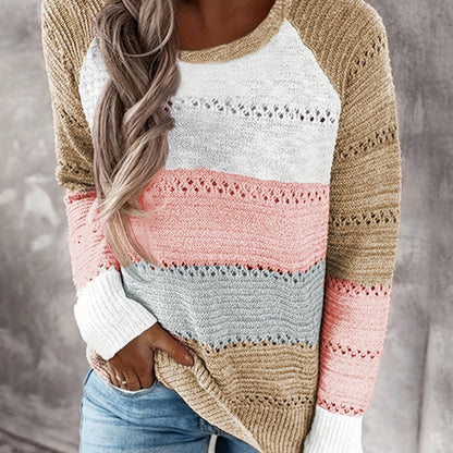 Women's Casual Striped Color-Block Pullover Sweater - Semi-Sheer Round Neck Spring/Fall Top with Green/White/Gray Stripes, Hand Wash or Dry Clean, Cute Sweaters