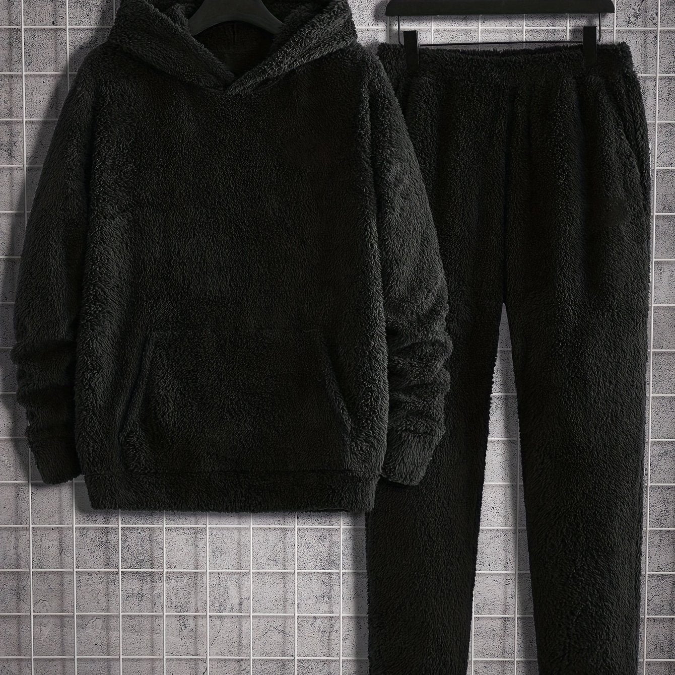 Plus Size Men's Solid Fleece Hooded Sweatshirt & Sweatpants Set For Fall Winter, 2Pcs Outfits, Men's Clothing