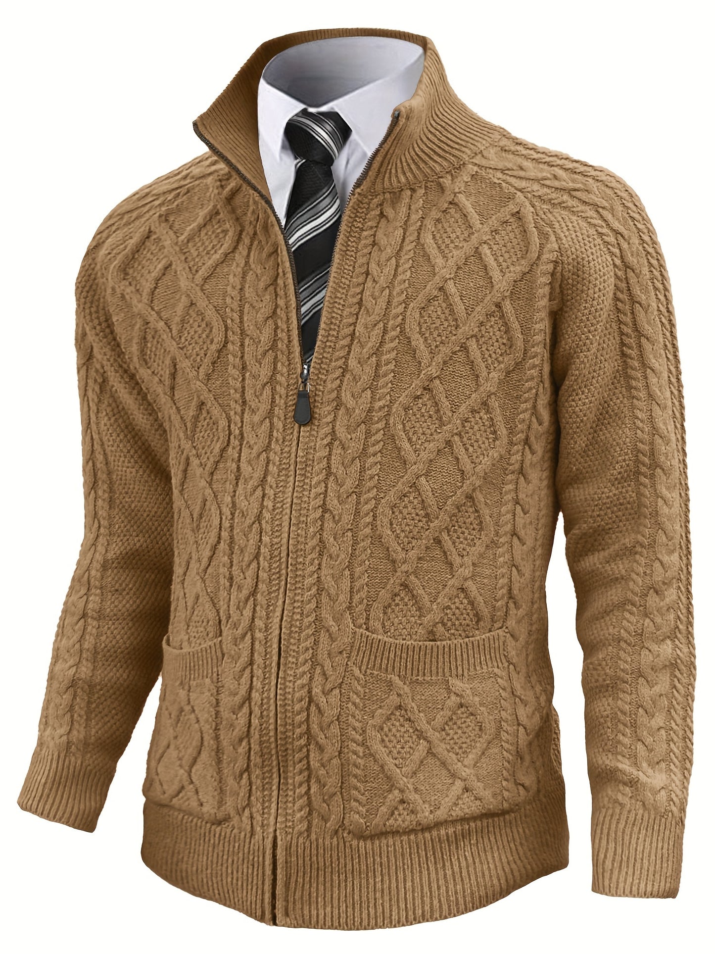 Men's Cardigan Sweaters Full Zip Up Sweater Solid Color Cable Knit Zipper Sweater Men Jackets