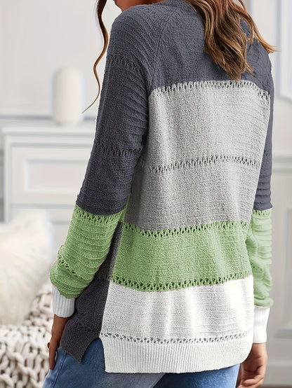 Women's Casual Striped Color-Block Pullover Sweater - Semi-Sheer Round Neck Spring/Fall Top with Green/White/Gray Stripes, Hand Wash or Dry Clean, Cute Sweaters