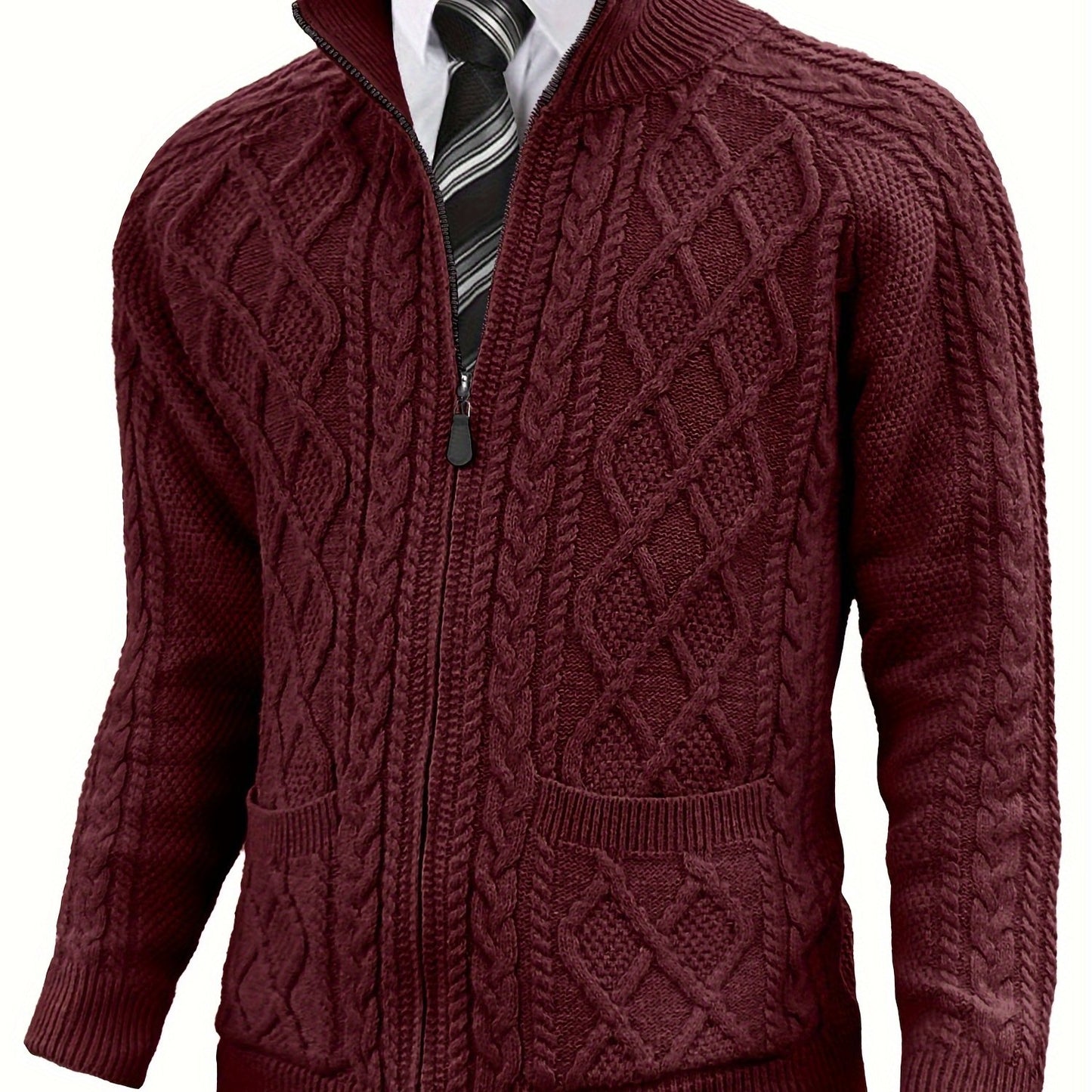 Men's Cardigan Sweaters Full Zip Up Sweater Solid Color Cable Knit Zipper Sweater Men Jackets