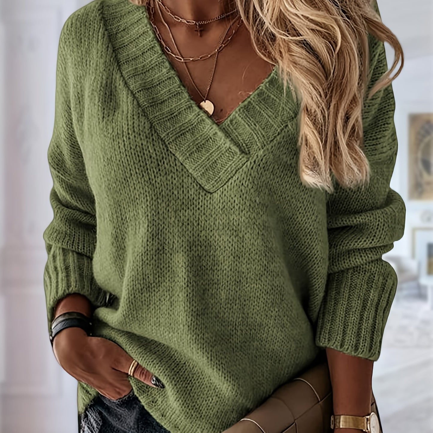 Womens Loose Sweaters Sexy V Neck Long Sleeve Solid Knitted Jumper Pullover Sweatshirt Tops