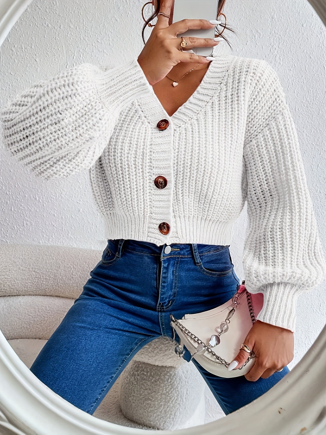 Women's Casual Button-Front Open Collar Sweater with Lantern Sleeves - High Elasticity Drop Shoulder Pullover, Solid Color Fall Winter Knit Top for Casual Attire, Casual Winter Wear | Buttonfront Cardigan | Soft Texture Sweat
