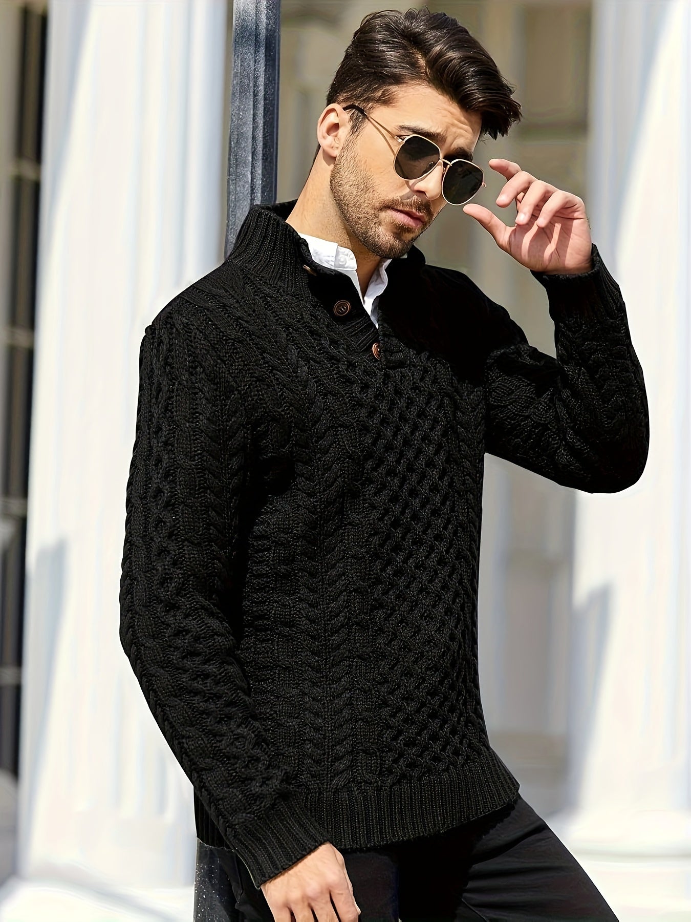 Chunky Stand Collar Pullover Sweater - Men's Winter Fashion Cable Knitted Thermal Sweaters with Buttons and Twisted Design - Cozy and Warm for Cold Weather