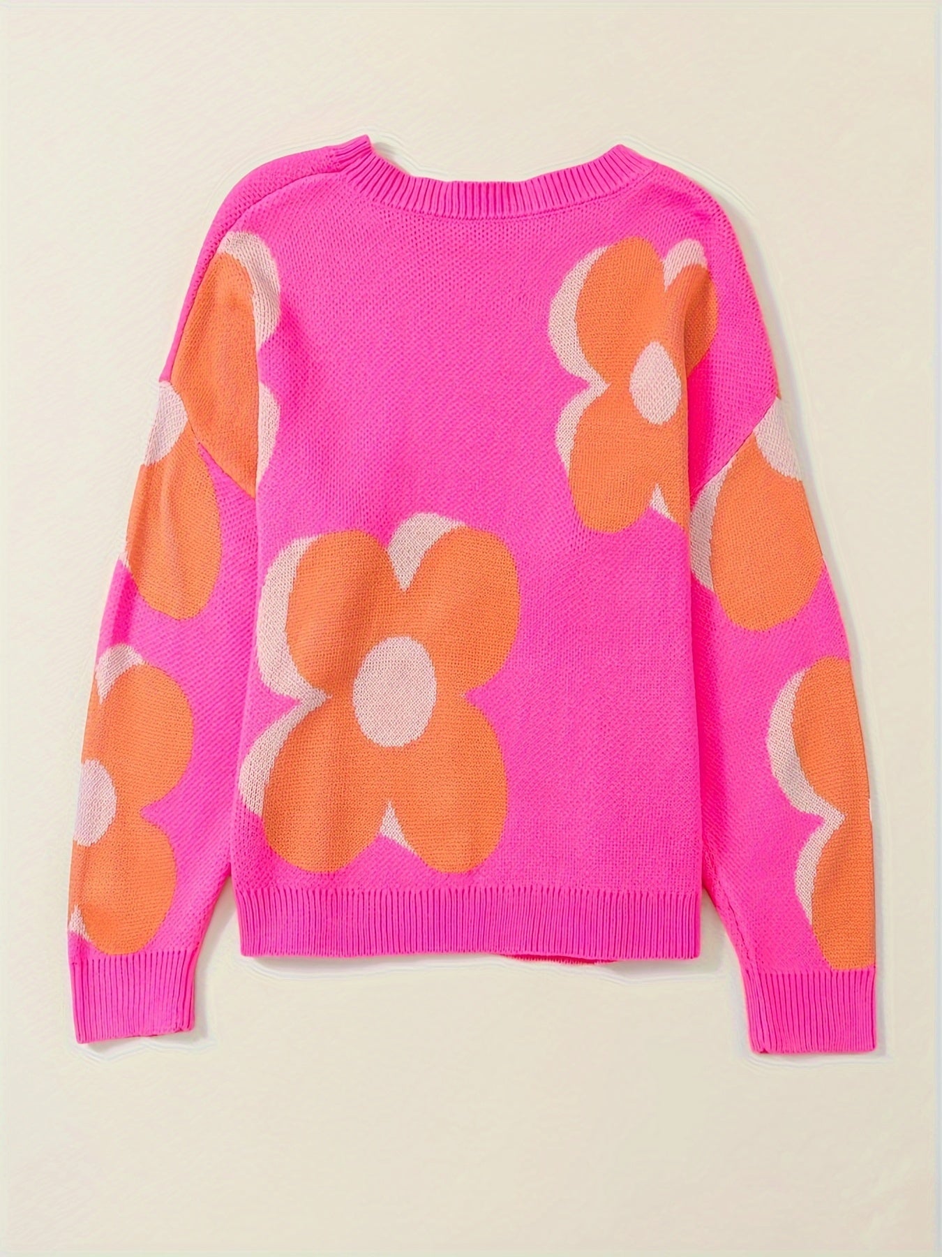 Women's Floral Jacquard Sweater - Bright Pink Oversized Pullover with Orange & White Floral Pattern, Round Neck Long Sleeve Cozy Fall Winter Casual Chic Wardrobe Essential, Ladies Sweaters