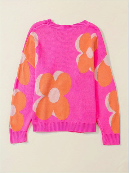 Women's Floral Jacquard Sweater - Bright Pink Oversized Pullover with Orange & White Floral Pattern, Round Neck Long Sleeve Cozy Fall Winter Casual Chic Wardrobe Essential, Ladies Sweaters