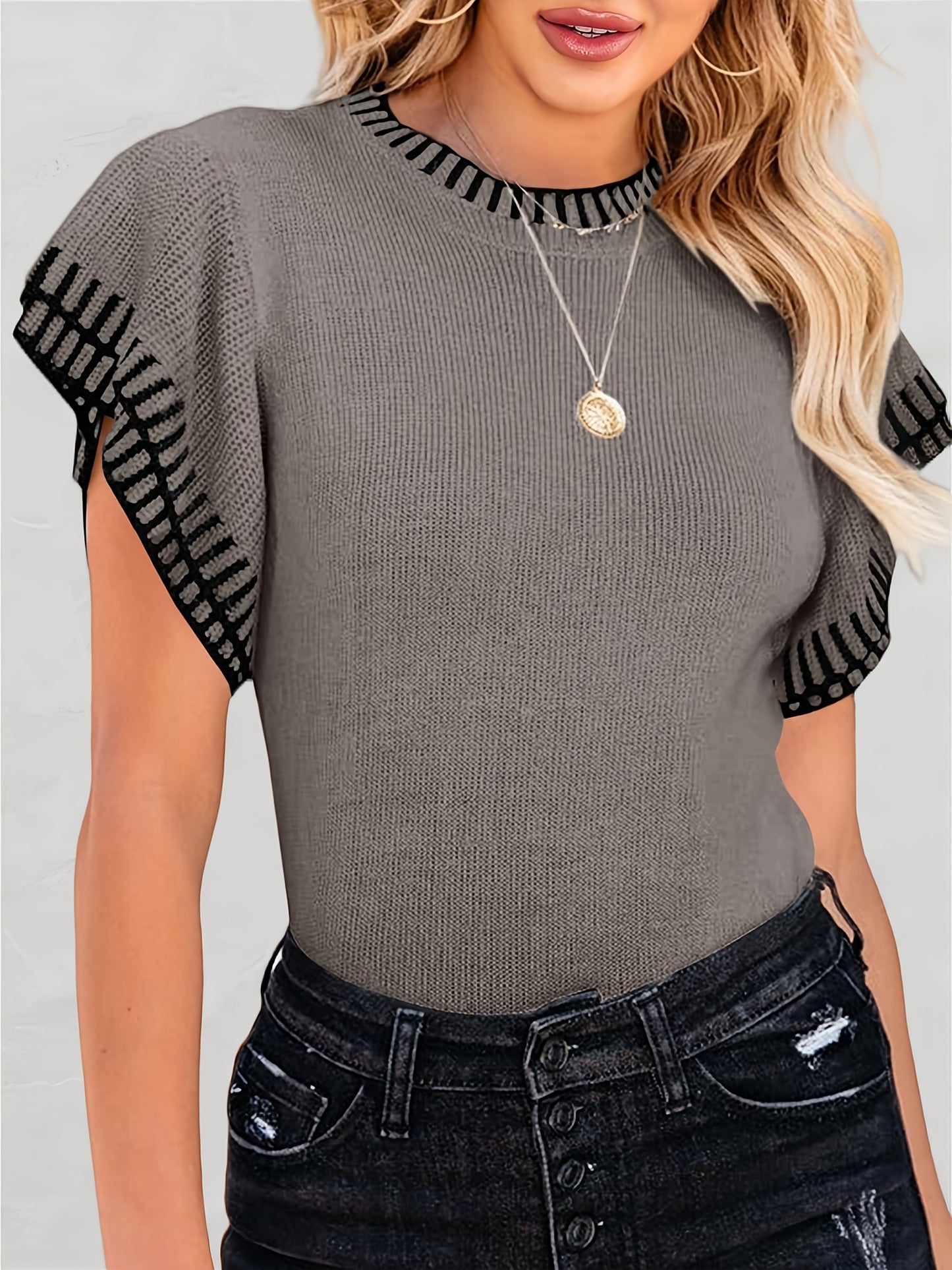 Womens Short Sleeve Sweaters Tops Summer Ruffle Striped Loose Crew Neck Lightweight Soft Shirts Knit Sweater