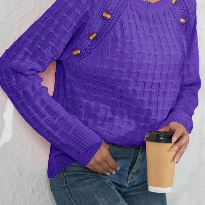 Women's Elegant 3D Bow Button Detail Sweater - Soft Long Sleeve Round Neck Pullover, Solid Color Regular Fit Fall Winter Cozy Top, Cute Sweaters