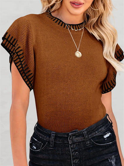 Womens Short Sleeve Sweaters Tops Summer Ruffle Striped Loose Crew Neck Lightweight Soft Shirts Knit Sweater