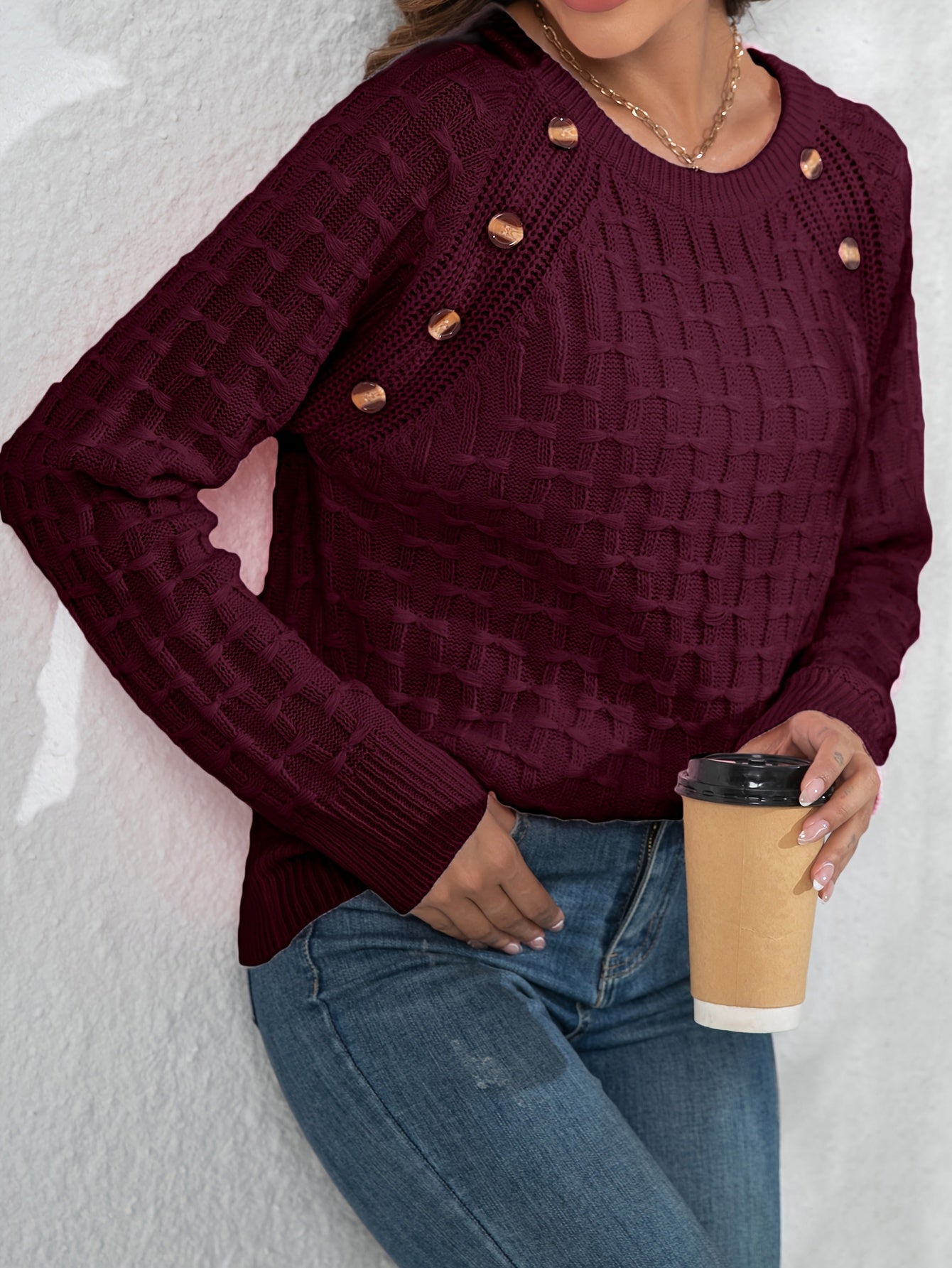 Women's Elegant 3D Bow Button Detail Sweater - Soft Long Sleeve Round Neck Pullover, Solid Color Regular Fit Fall Winter Cozy Top, Cute Sweaters