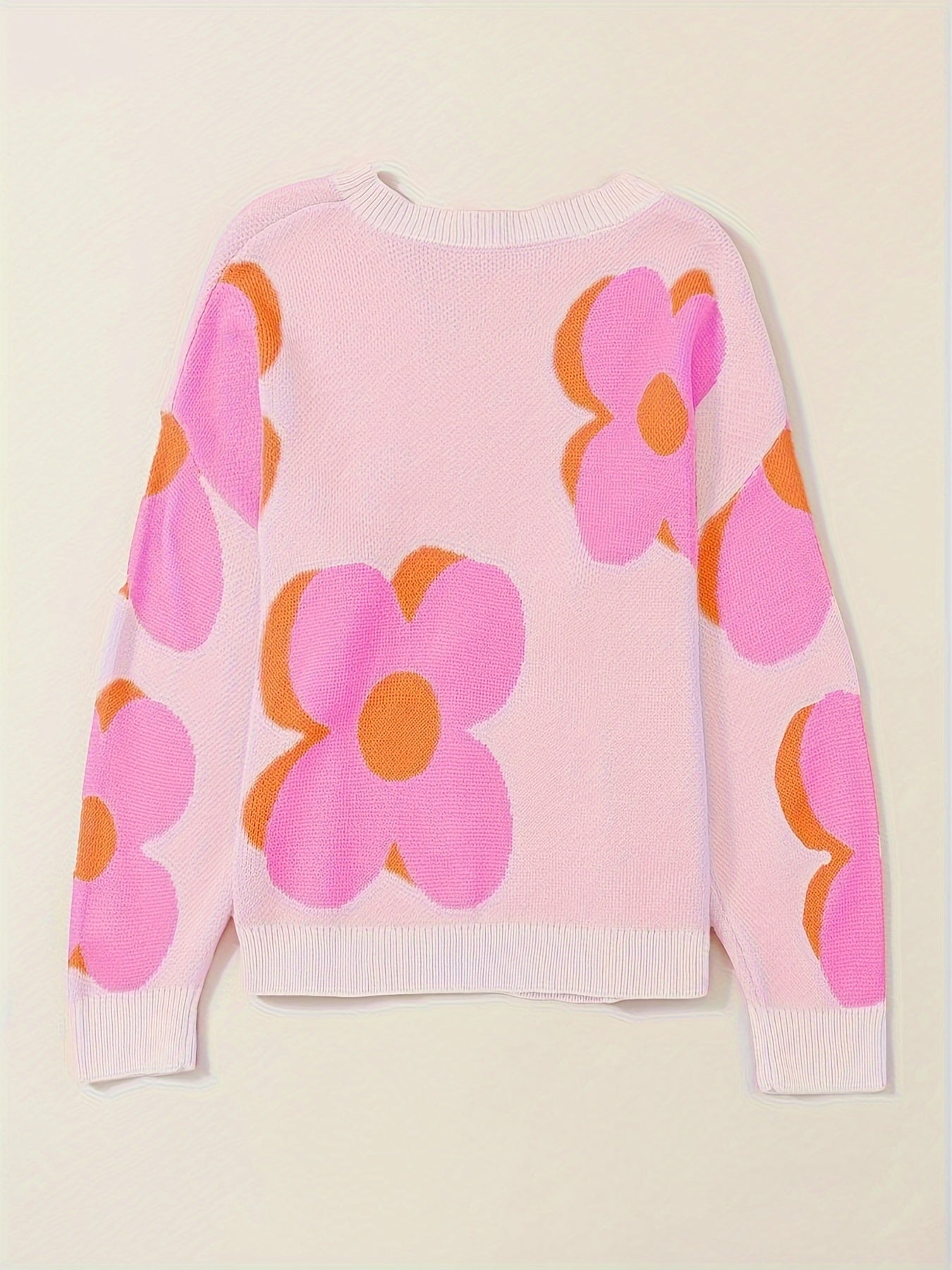 Women's Floral Jacquard Sweater - Bright Pink Oversized Pullover with Orange & White Floral Pattern, Round Neck Long Sleeve Cozy Fall Winter Casual Chic Wardrobe Essential, Ladies Sweaters