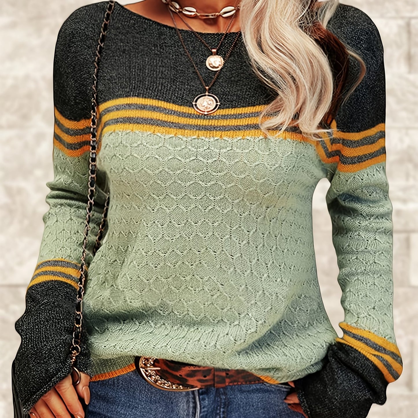 Women Autumn Winter Colorblock Pullover Sweaters Round Neck Striped Slim Fitting Knitwear Tops