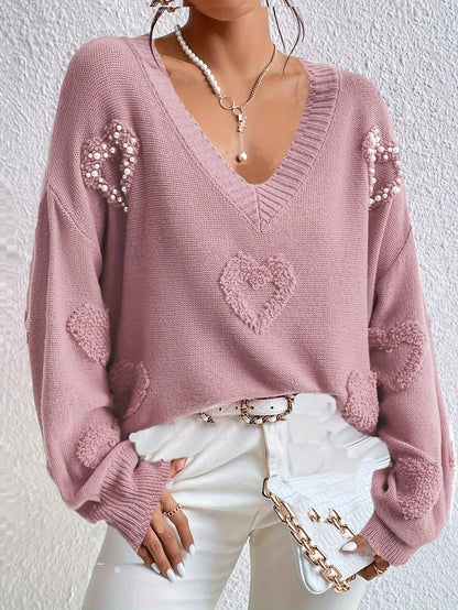 Elegant Women's V-Neck Knit Sweater with Heart Cut-Out Detail - Casual Long Sleeve Pullover, Lightweight Polyester, Perfect for All Seasons, Plus Size Sweaters