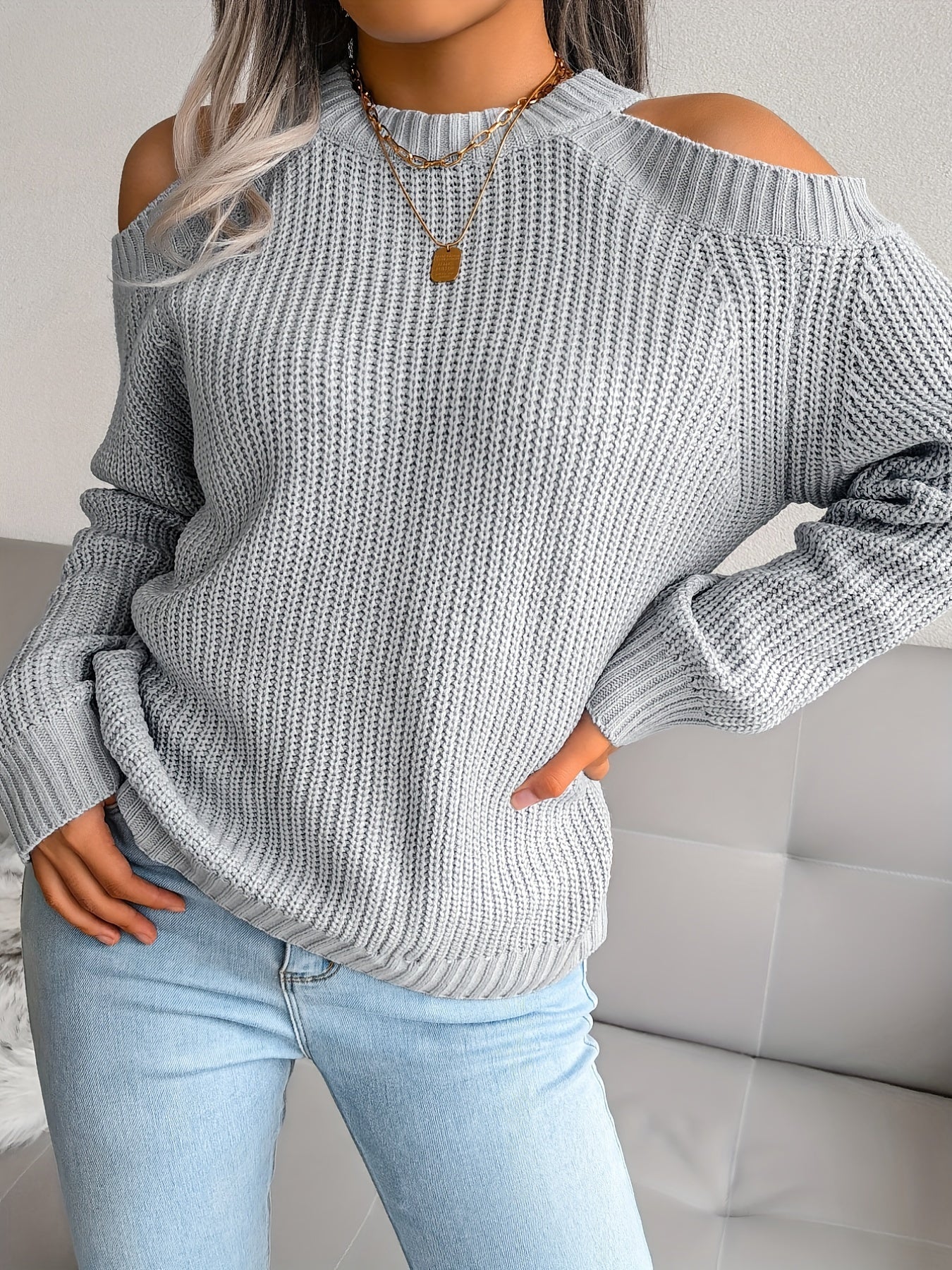 Casual Cold Shoulder Crew Neck Knitted Tops - Solid Color Pullover Sweaters for Women - Everyday Wear