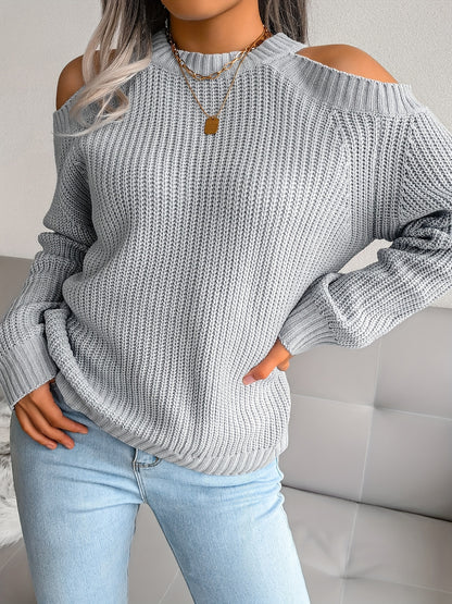 Casual Cold Shoulder Crew Neck Knitted Tops - Solid Color Pullover Sweaters for Women - Everyday Wear